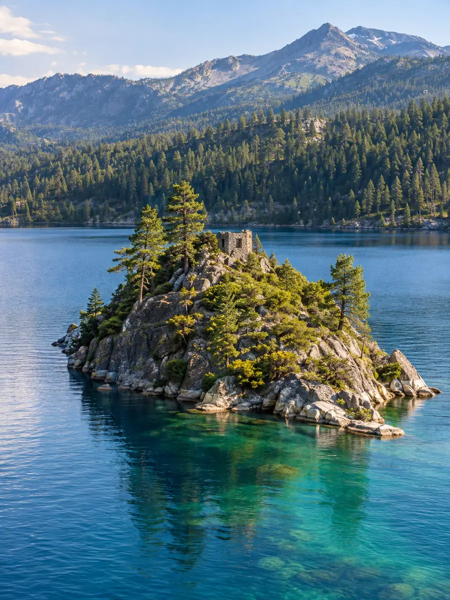 L'île Fannette, petite île rocheuse parsemée de pins, dans les eaux émeraude d'Emerald Bay