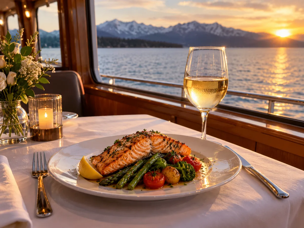 Saumon grillé et un verre de vin blanc sur une table près d'une fenêtre de bateau au coucher du soleil