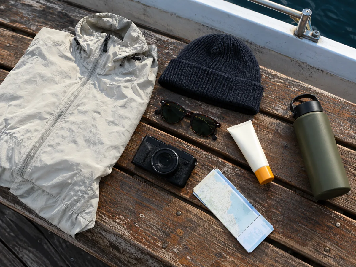Une veste coupe-vent légère, un bonnet, des lunettes de soleil, de la crème solaire, un appareil photo et une gourde sur un pont de bateau en bois